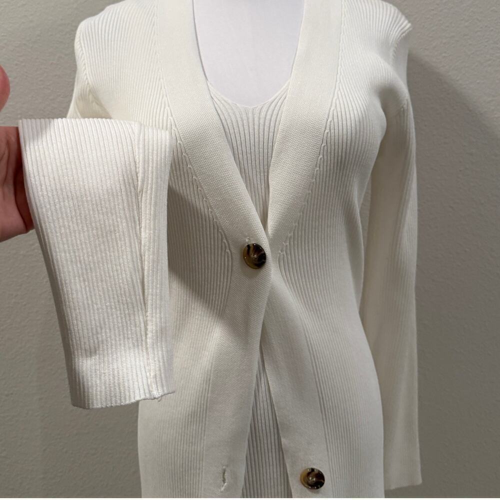 White Ivory Ribbed Knit Longline Cardigan & Midi Dress Set Minimal Chic Small - Picture 5 of 10